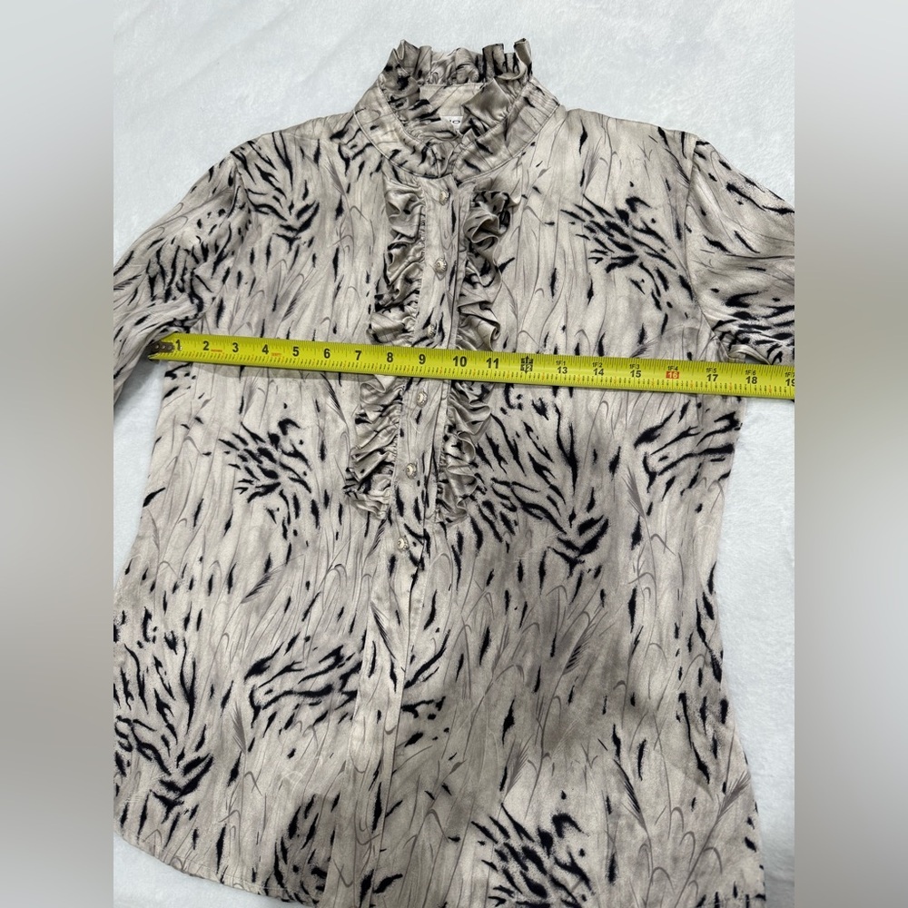 St. John Silk Ruffled Blouse | Long Sleeve High Neck | Neutral Print | L - Picture 9 of 14